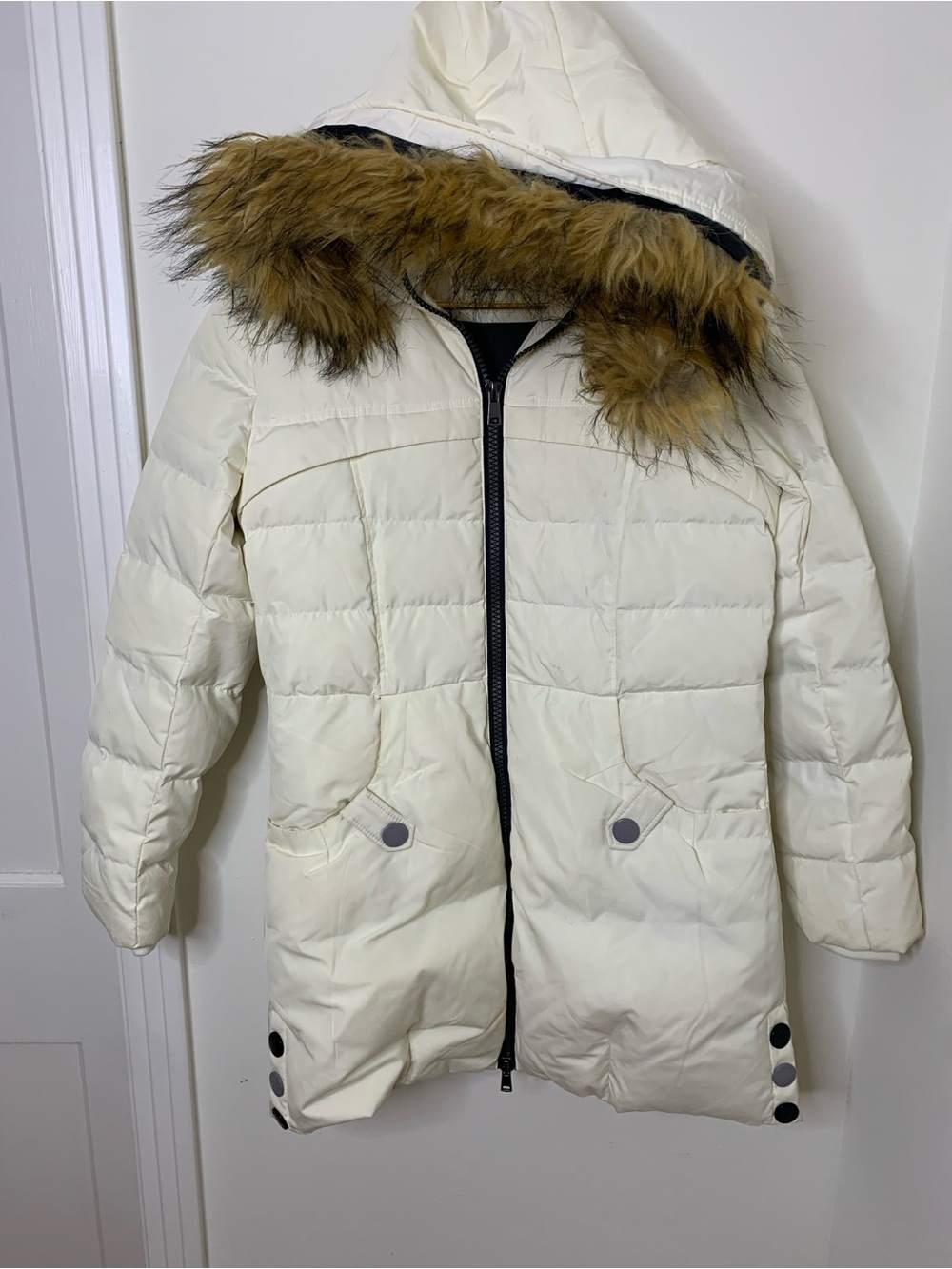 OROLAY coat down puffer sz small Women’s Ivory Hooded fur windproof